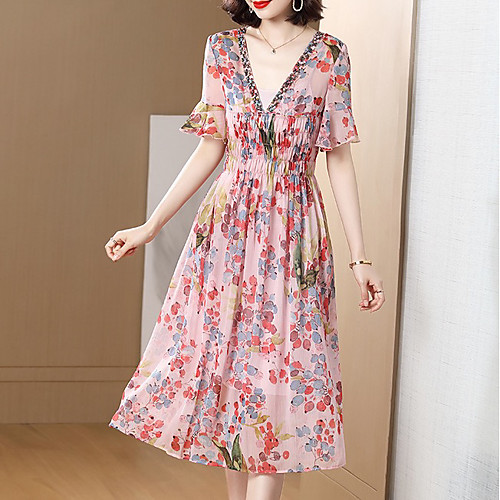 

Women's Chiffon Dress Midi Dress - Short Sleeves Floral Summer Work 2020 Rainbow XL XXL XXXL XXXXL XXXXXL