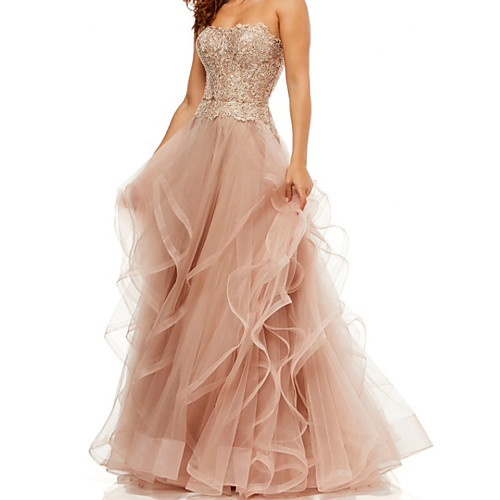 

A-Line Elegant Vintage Engagement Formal Evening Dress Strapless Sleeveless Floor Length Tulle with Tier Embroidery 2021