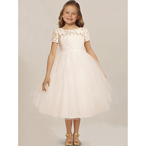 

A-Line Knee Length Wedding / Party Flower Girl Dresses - Lace / Tulle Sleeveless Jewel Neck with Solid