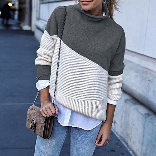 

Women's Color Block Long Sleeve Pullover Sweater Jumper, Turtleneck Wine / Khaki / Light gray S / M / L