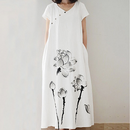

Women's A-Line Dress Maxi long Dress - Short Sleeves Print Summer Casual Chinoiserie 2020 Wine White Yellow Dusty Blue S M L XL XXL XXXL XXXXL XXXXXL