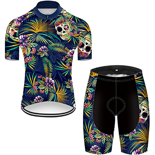 

21Grams Men's Short Sleeve Cycling Jersey with Shorts Nylon Polyester Black / Blue Gradient Skull Floral Botanical Bike Clothing Suit Breathable 3D Pad Quick Dry Ultraviolet Resistant Reflective