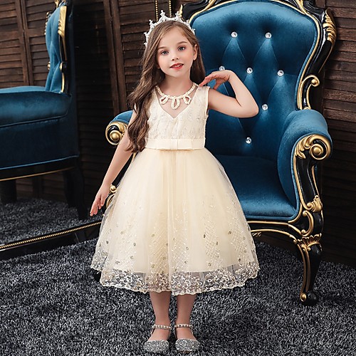 

Princess / Ball Gown Knee Length Wedding / Party Flower Girl Dresses - Tulle Sleeveless Jewel Neck with Sash / Ribbon / Bow(s) / Beading