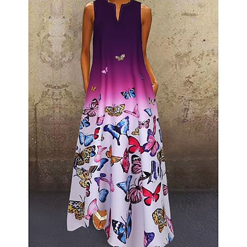

Women's Plus Size A-Line Dress Butterfly Maxi long Dress - Sleeveless Color Gradient Print Summer V Neck Casual 2020 Blue Purple Red S M L XL XXL XXXL XXXXL XXXXXL