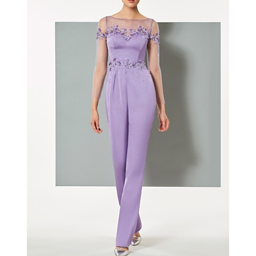 

Jumpsuits Elegant Floral Prom Formal Evening Dress Illusion Neck Long Sleeve Floor Length Satin with Beading Appliques 2021