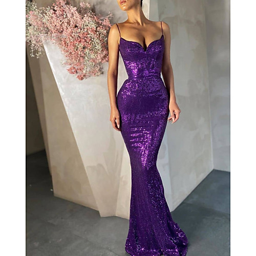 

Mermaid / Trumpet Sparkle Sexy Wedding Guest Formal Evening Dress Spaghetti Strap Sleeveless Sweep / Brush Train Sequined with Sequin 2021