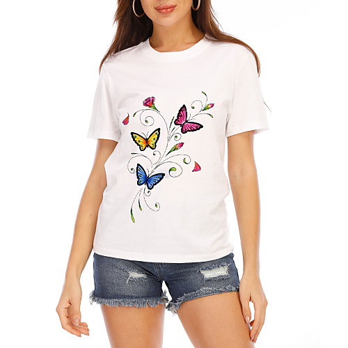 

Women's T shirt Graphic Print Round Neck Tops 100% Cotton Cotton Basic Basic Top White