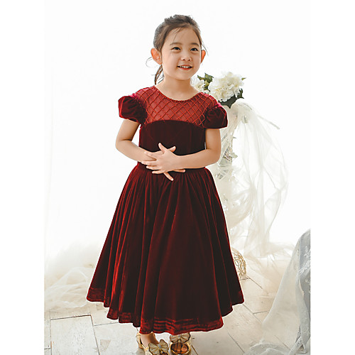 

Ball Gown Tea Length Wedding / Birthday / Pageant Flower Girl Dresses - Velvet Short Sleeve Jewel Neck with Pearls