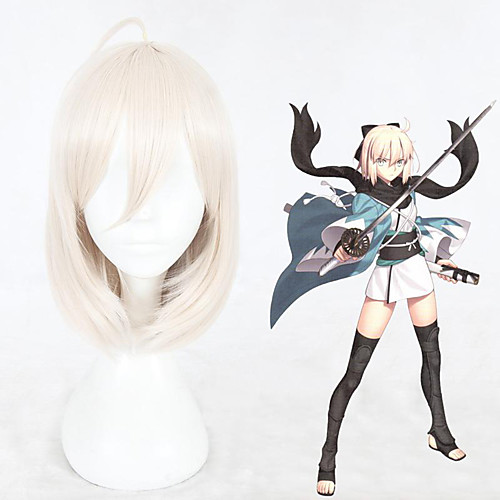

Cosplay Costume Wig Cosplay Wig Grand Order Okita Souji Fate / Stay Night Straight Cosplay With Bangs With Ponytail Wig Short White Synthetic Hair 14 inch Women's Anime Cosplay Exquisite White