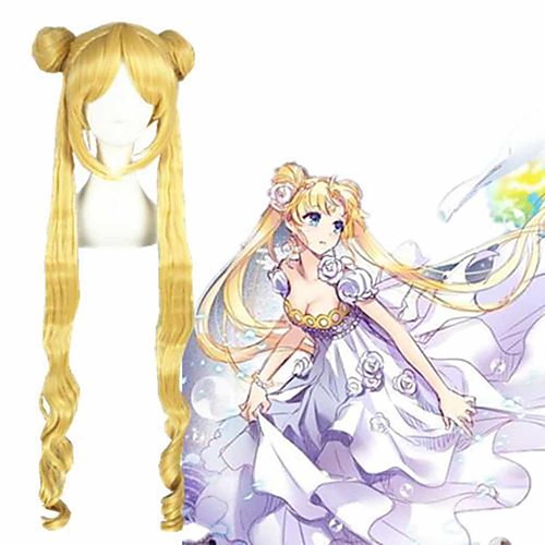 

Cosplay Wig Sailor Moon Sailor Moon Curly Cosplay Asymmetrical With Bangs Wig Very Long Yellow Synthetic Hair 38 inch Women's Anime Cosplay New Design Yellow
