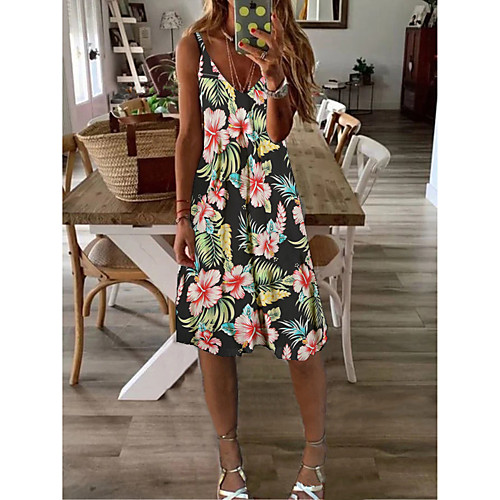

Women's Shift Dress Knee Length Dress - Sleeveless Floral Print Summer Casual Daily 2020 Black M L XL XXL XXXL