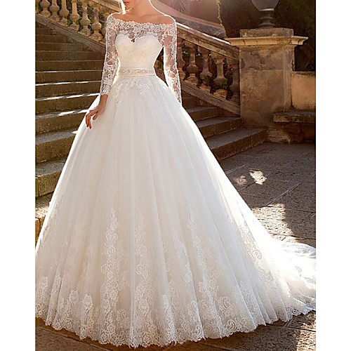 

Ball Gown A-Line Wedding Dresses Off Shoulder Court Train Lace Tulle Long Sleeve Formal See-Through with Sashes / Ribbons Embroidery 2020