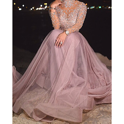 

A-Line Glittering Luxurious Engagement Prom Dress High Neck Long Sleeve Sweep / Brush Train Tulle with Sequin 2020