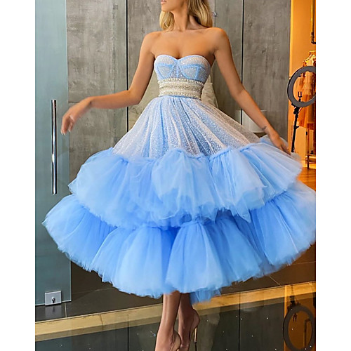 

A-Line Glittering Luxurious Engagement Prom Dress Sweetheart Neckline Sleeveless Ankle Length Tulle with Tier 2021