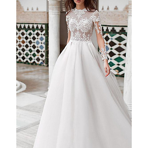 

A-Line Wedding Dresses High Neck Sweep / Brush Train Lace Satin Long Sleeve Sexy See-Through with Ruched 2020