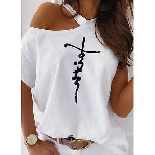 

Women's T-shirt Letter Tops Round Neck Daily Summer White Black Blushing Pink S M L XL 2XL 3XL 4XL 5XL