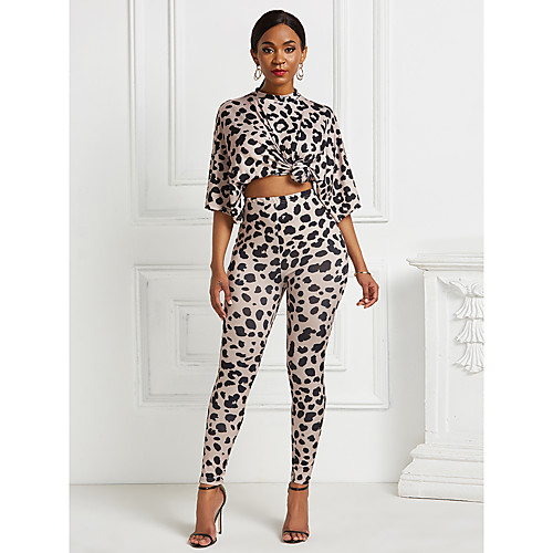 

Women's Basic Leopard Cheetah Print Two Piece Set Blouse Tracksuit Pant Print Tops