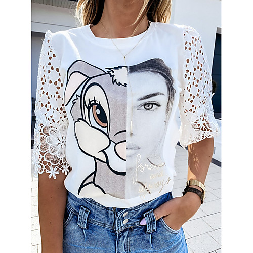 

Women's Tops Graphic T-shirt Round Neck Daily Summer White S M L XL