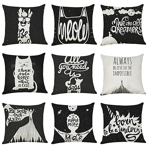 

9 pcs Linen Pillow Cover, Black White Animals Character Casual Modern Square Traditional Classic