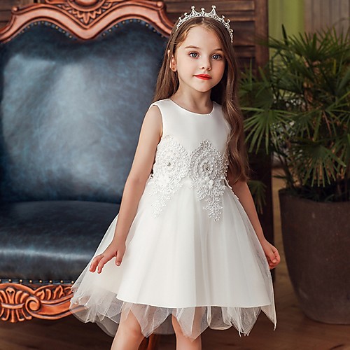 

Princess / Ball Gown Knee Length Wedding / Party Flower Girl Dresses - Lace / Satin / Tulle Sleeveless Jewel Neck with Appliques