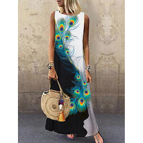 

Women's A Line Dress Maxi long Dress Black Sleeveless Peacock Animal Print Summer Round Neck Hot Casual 2021 M L XL XXL 3XL