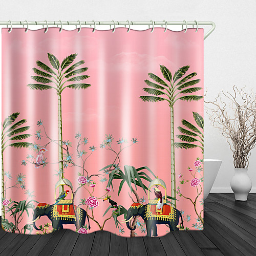 

Painting Elephant Coconut Tree Digital Print Waterproof Fabric Shower Curtain for Bathroom Home Decor Covered Bathtub Curtains Liner Includes with Hooks