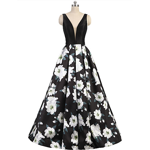 

A-Line Floral Minimalist Party Wear Prom Dress V Neck Sleeveless Floor Length Satin with Pleats Pattern / Print 2020