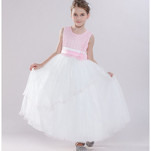 

Ball Gown Round Floor Length Tulle Junior Bridesmaid Dress with Bow(s) / Tier / Appliques