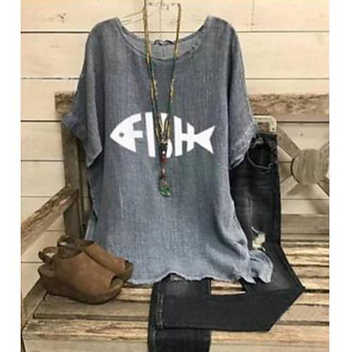 

Women's Blouse Shirt Geometric Round Neck Tops Loose Cotton Basic Top Light gray Gray