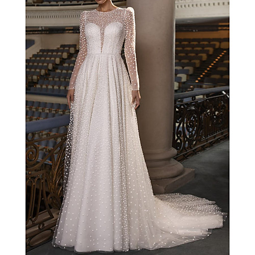 

A-Line Wedding Dresses Jewel Neck Court Train Tulle Long Sleeve Vintage Illusion Sleeve with Sashes / Ribbons Beading 2020