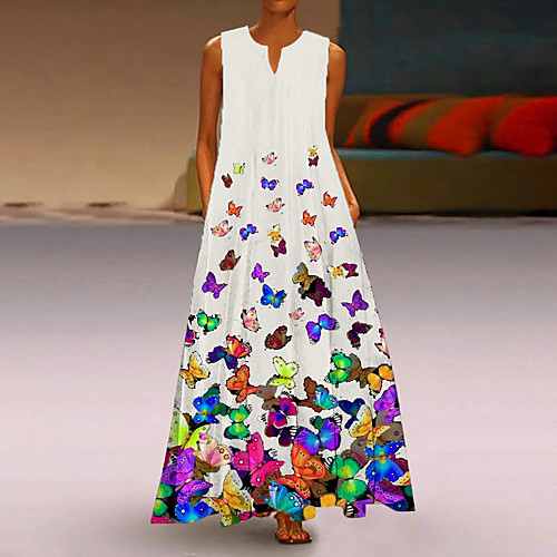

Women's A-Line Dress Maxi long Dress - Sleeveless Geometric Print Summer Casual Daily 2020 White M L XL XXL XXXL