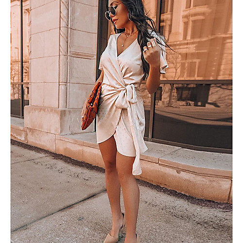 

Women's Sheath Dress Knee Length Dress - Short Sleeves Solid Color Summer Casual 2020 Beige S M L XL