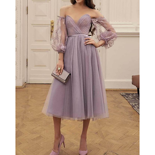 

A-Line Empire Sexy Party Wear Cocktail Party Dress Sweetheart Neckline Long Sleeve Knee Length Tulle with Pleats 2021