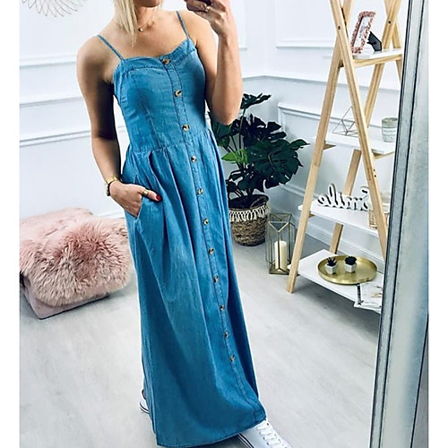 

Women's Strap Dress Maxi long Dress - Sleeveless Solid Color Summer Work 2020 Light Blue M L XL XXL