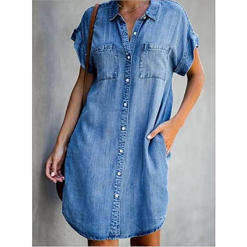

Women's Denim Shirt Dress Short Mini Dress - Short Sleeve Pocket Summer Shirt Collar Casual 100% Cotton 2020 Light Blue S M L XL XXL