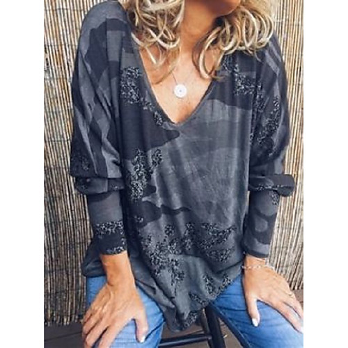 

Women's Blouse Shirt Color Block Long Sleeve Print V Neck Tops Loose Basic Top Black Blue Purple