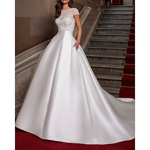 

Ball Gown Wedding Dresses Sweetheart Neckline Sweep / Brush Train Lace Satin Cap Sleeve Formal with Beading 2021