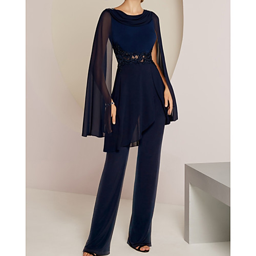 

Jumpsuits Mother of the Bride Dress Elegant Jewel Neck Floor Length Chiffon Long Sleeve with Appliques 2021