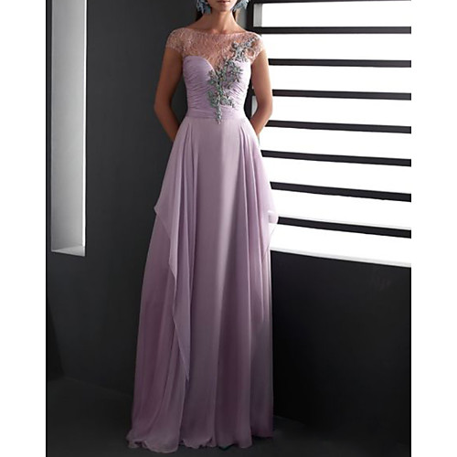 

Sheath / Column Elegant Floral Engagement Formal Evening Dress Illusion Neck Short Sleeve Floor Length Chiffon Lace with Pleats Appliques 2020