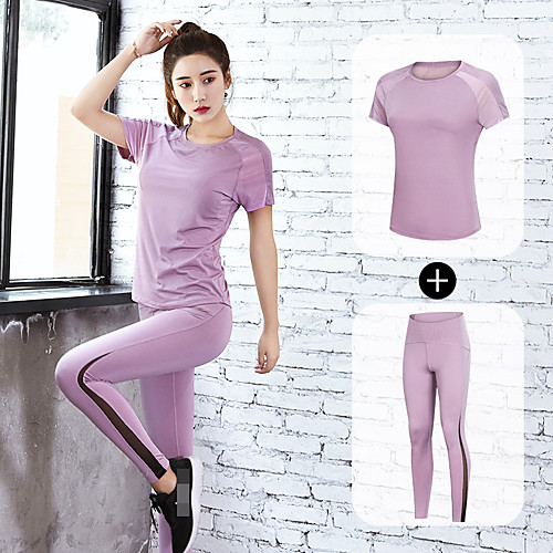 

Women's 2pcs Tracksuit Patchwork Fashion Black Purple Dark Purple Mesh Yoga Running Fitness Tee / T-shirt Leggings Sport Activewear Breathable Reflective Logo Quick Dry Tummy Control Butt Lift