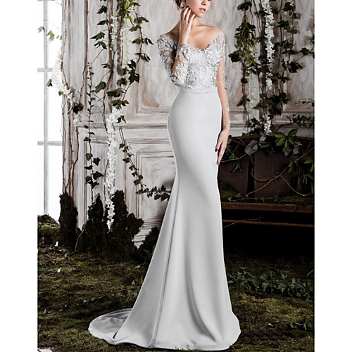 

Mermaid / Trumpet Sexy Floral Engagement Formal Evening Dress Off Shoulder Long Sleeve Sweep / Brush Train Lace Satin with Appliques 2021