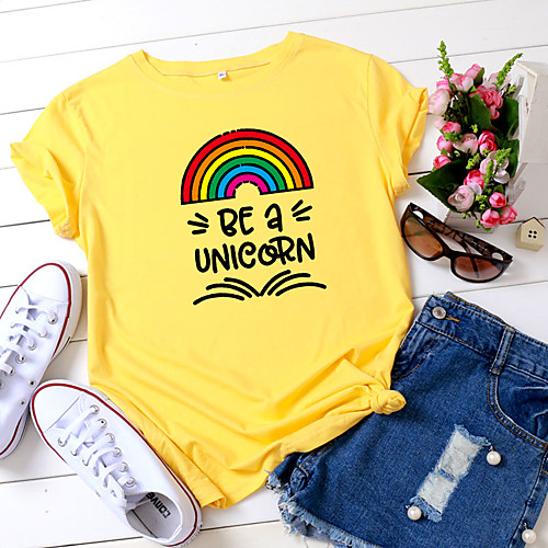 

Women's T shirt Rainbow Graphic Text Print Round Neck Tops 100% Cotton Basic Basic Top White Yellow Blushing Pink