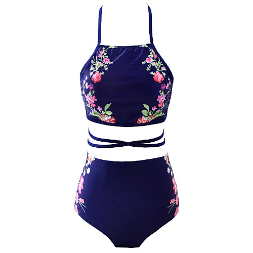 

Women's Bikini Swimsuit Floral Print Normal Halter Neck Swimwear Bathing Suits Black Navy Blue / Padded Bras