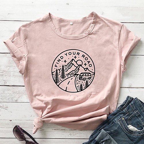 

Women's T-shirt Graphic Prints Letter Print Round Neck Tops Slim 100% Cotton Basic Basic Top Fuchsia