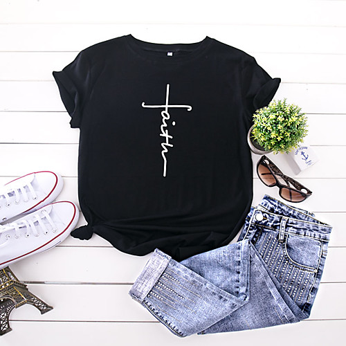 

Women's Faith T shirt Graphic Text Letter Print Round Neck Tops 100% Cotton Basic Basic Top Black Yellow Blushing Pink