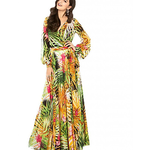 

Women's Sheath Dress Maxi long Dress Blue Purple Yellow Green Rainbow Long Sleeve Floral Print Tie Dye Print Fall Spring V Neck Casual Lantern Sleeve 2021 S M L XL XXL 3XL