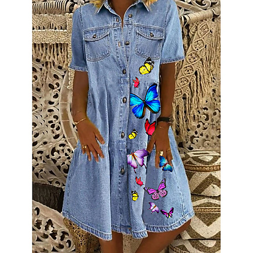 

Women's Denim Shirt Dress Butterfly Knee Length Dress - Short Sleeve Animal Pocket Print Button Front Summer Shirt Collar Casual 2020 Blue M L XL XXL XXXL