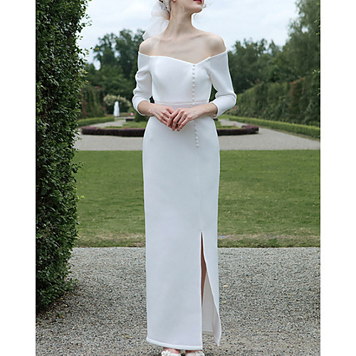 

Sheath / Column Wedding Dresses Off Shoulder Floor Length Satin 3/4 Length Sleeve Vintage 1950s with Split Front 2021