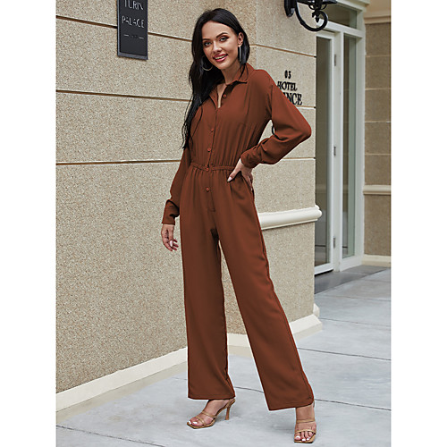 

Women's Ordinary Shirt Collar Green Brown Jumpsuit Solid Colored