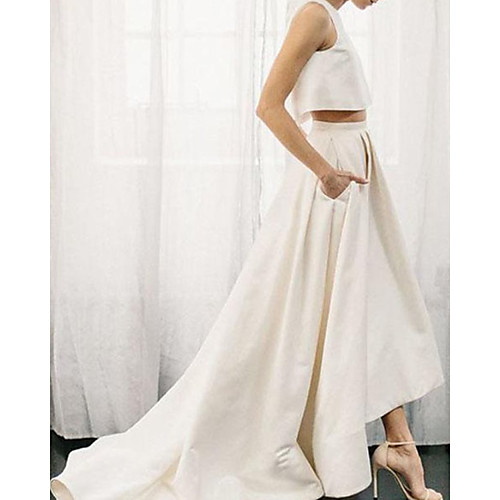 

Two Piece Wedding Dresses Jewel Neck Court Train Satin Sleeveless Simple with 2021
